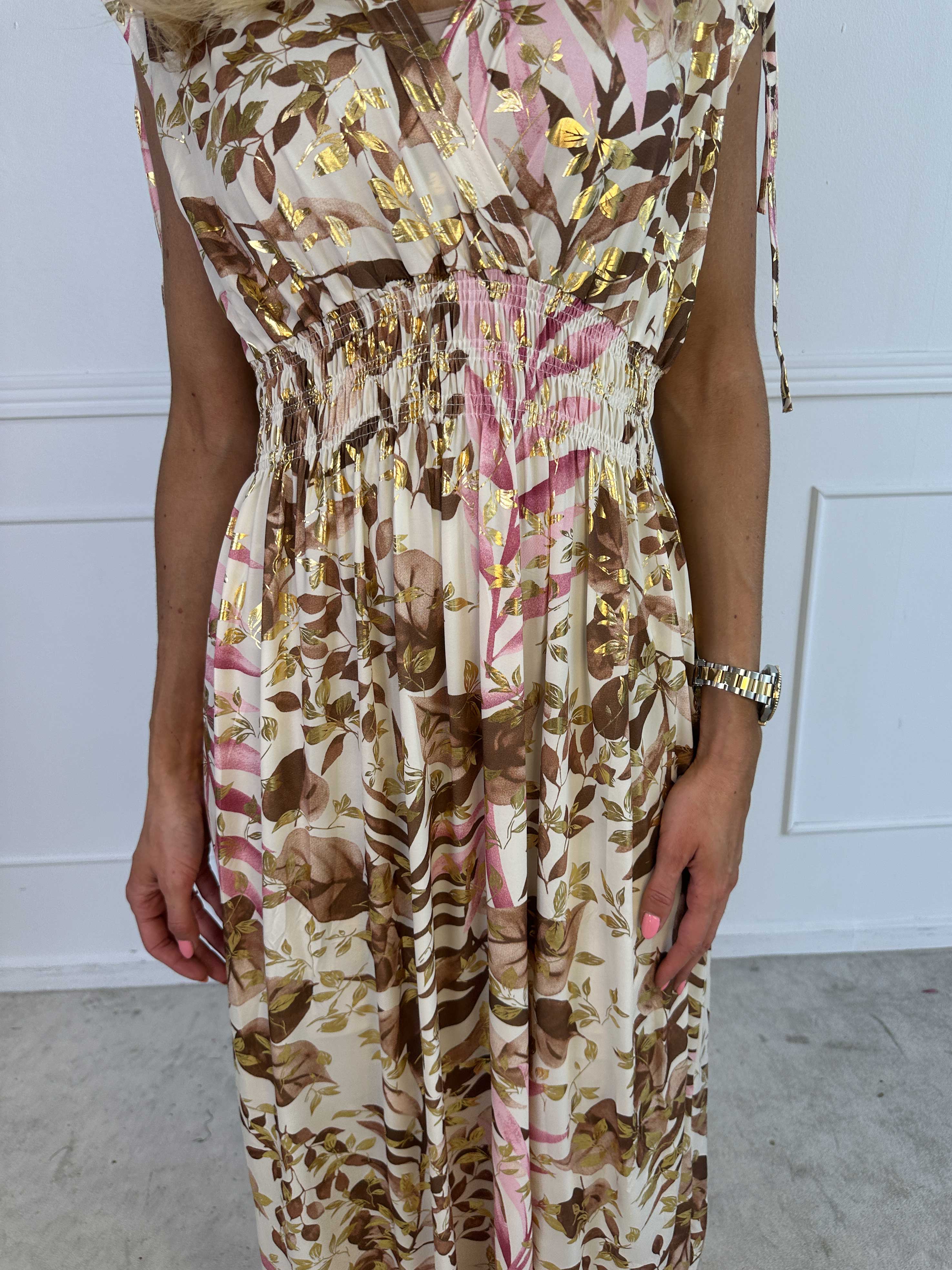 Pams Leaf Gold Sleeveless - Lang elastisk kjole med sødt blad print